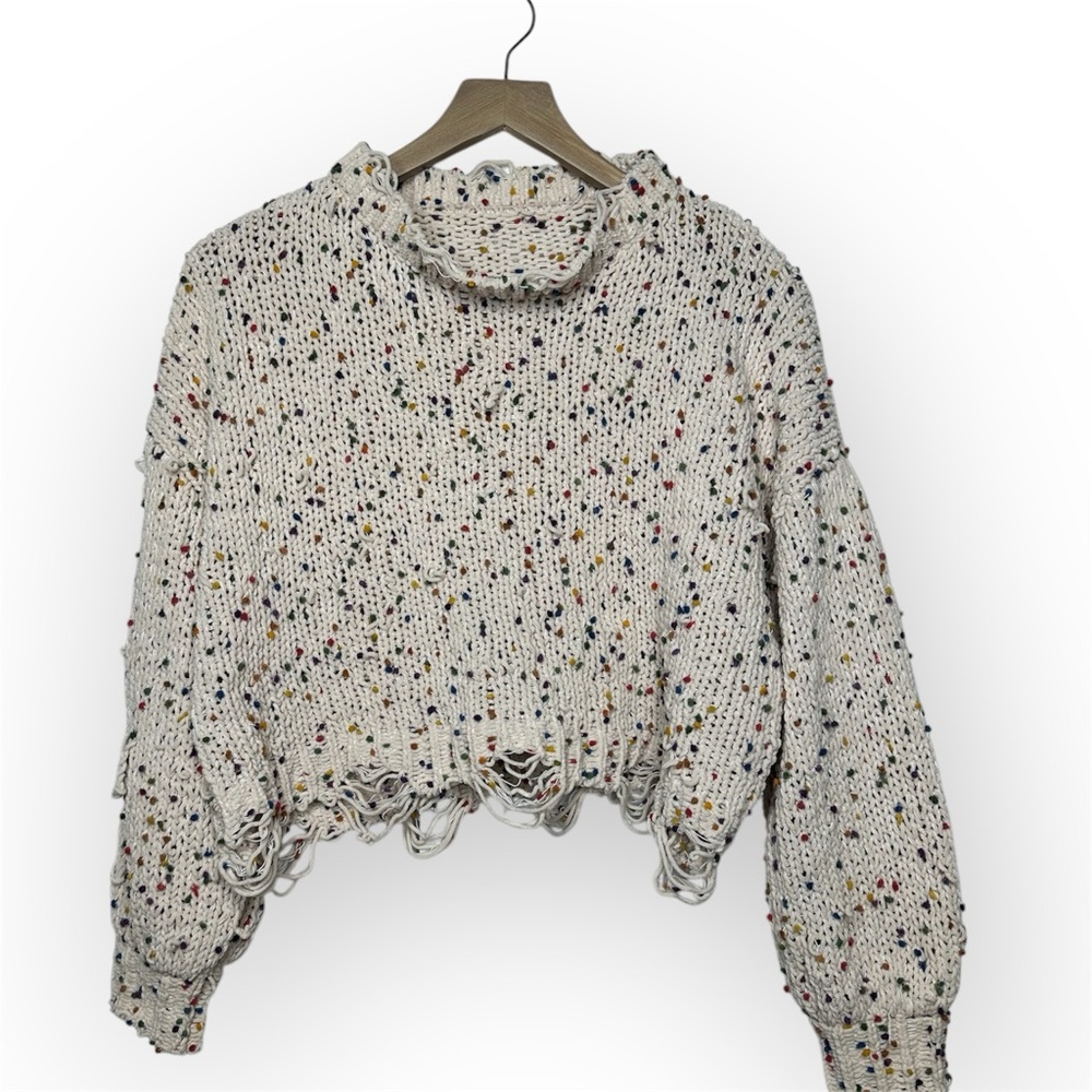 Distressed cream/tan with multi colored dots knit sweater